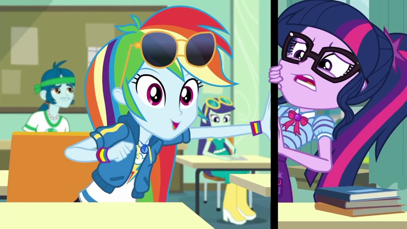 Size: 1280x720 | Tagged: safe, derpibooru import, screencap, blueberry cake, captain planet, rainbow dash, sci-twi, twilight sparkle, equestria girls, equestria girls series, the last day of school, background human, breaking the fourth wall, fourth wall, geode of super speed, geode of telekinesis, magical geodes