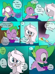 Size: 900x1214 | Tagged: safe, artist:emositecc, derpibooru import, spike, oc, oc:nebula, dragon, pony, unicorn, comic:empty halls, amnesia, bed, comic, duo, female, food, glowing horn, mare, scared, soup