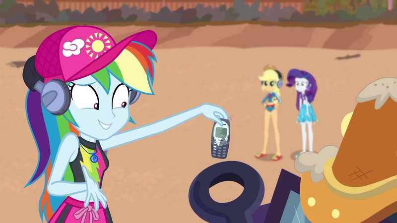 Size: 1280x720 | Tagged: safe, derpibooru import, screencap, applejack, rainbow dash, rarity, equestria girls, equestria girls series, lost and found, hat, mobile phone, nokia, nokia 3310, phone, tire