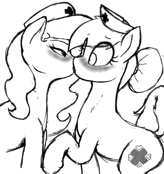 Size: 549x583 | Tagged: suggestive, artist:anearbyanimal, derpibooru import, nurse redheart, oc, oc:nurse bonesaw, earth pony, pony, blushing, canon x oc, female, french kiss, kissing, lesbian, monochrome, sketch, surprise kiss, surprised