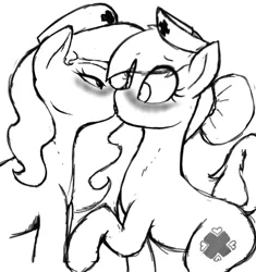 Size: 549x583 | Tagged: suggestive, artist:anearbyanimal, derpibooru import, nurse redheart, oc, oc:nurse bonesaw, earth pony, pony, blushing, canon x oc, female, french kiss, kissing, lesbian, monochrome, sketch, surprise kiss, surprised