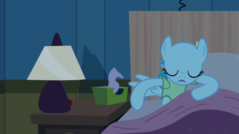 Size: 1280x720 | Tagged: animation error, bed, derpibooru import, eyes closed, hospital gown, lamp, no mane, rainbow dash, reaching, read it and weep, safe, screencap, sheet, tissue