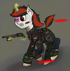 Size: 720x733 | Tagged: semi-grimdark, artist:shot387, derpibooru import, oc, oc:blackjack, unofficial characters only, pony, unicorn, fallout equestria, fallout equestria: project horizons, fanfic, armor, blood, clothes, dirty, fanfic art, female, glowing horn, gun, hooves, horn, injured, laser, levitation, magic, mare, one eye closed, pipbuck, security armor, shotgun, shotgun shell, solo, telekinesis, vault security armor, vault suit, weapon