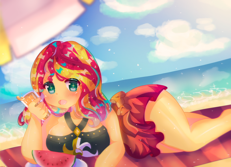 Size: 3000x2175 | Tagged: suggestive, artist:wakafromstaranis, derpibooru import, sunset shimmer, equestria girls, equestria girls series, forgotten friendship, barefoot, beach, beverage, big breasts, breasts, busty sunset shimmer, clothes, commission, feet, female, food, glass, juice, looking at you, ocean, open mouth, sand, solo, solo female, swimsuit, towel, umbrella, watermelon