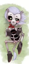 Size: 1987x4299 | Tagged: artist:yajima, ascot, bone, clothes, derpibooru import, hooves to the chest, lying in grass, on back, shoes, skeleton, skeleton pony, skellinore, solo, suggestive, the break up breakdown