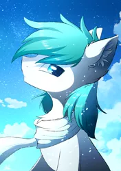Size: 1200x1700 | Tagged: artist:morningbullet, chest fluff, clothes, derpibooru import, ear fluff, looking at you, male, oc, oc:diamond frost, safe, scarf, snow, solo, stallion, unofficial characters only