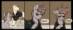 Size: 2048x853 | Tagged: safe, artist:twisted-sketch, derpibooru import, oc, oc:order compulsive, unicorn, clothes, comic, gray, green eyes, jacket, male, mannequin, reaction, shopping, solo, sticker shock, sunglasses
