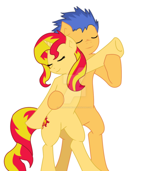 Size: 1024x1172 | Tagged: safe, artist:agentsuchiko, derpibooru import, flash sentry, sunset shimmer, unicorn, dancing, female, flashimmer, male, shipping, simple background, straight, transparent background