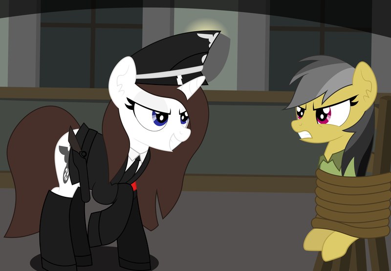 Size: 7286x5057 | Tagged: safe, artist:rainbowsurvivor, derpibooru import, daring do, oc, oc:elsa schneighder, pegasus, pony, unicorn, absurd resolution, aryan pony, clothes, female, hat, interrogation, nazi, nazipone, peril, rope, swastika, tied, uniform, window