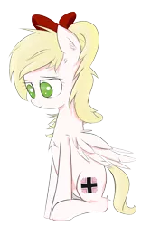 Size: 1341x2149 | Tagged: safe, artist:otherdrawfag, derpibooru import, oc, oc:kyrie, pegasus, pony, aryan, aryan pony, blonde, bow, female, looking down, nazi, nazipone, sitting