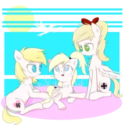 Size: 3000x3000 | Tagged: safe, artist:otherdrawfag, derpibooru import, oc, oc:aryanne, oc:kyrie, oc:luftkrieg, bird, earth pony, pegasus, pony, aryan, aryan pony, blonde, family, female, nazi, nazipone, sun