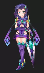 Size: 800x1309 | Tagged: armor, artist:tzc, black background, blade, boob window, breasts, cleavage, clothes, cosplay, costume, crossover, derpibooru import, female, human, humanized, pyra, rarity, safe, simple background, solo, sword, unconvincing armor, weapon, xenoblade chronicles, xenoblade chronicles 2