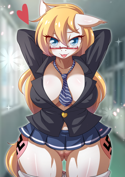 Size: 2558x3618 | Tagged: anthro, artist:aryanne, boots, bottomless, breasts, clothes, derpibooru import, explicit, glasses, heart, hentai, lewd, looking at you, miniskirt, nazi, necktie, no panties, nudity, oc, oc:aryanne, partial nudity, school, shoes, skirt, student, thick, uniform, unofficial characters only, vagina