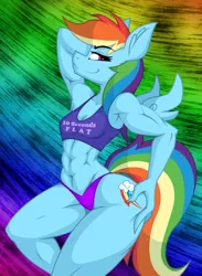 Size: 822x1122 | Tagged: suggestive, artist:lil miss jay, derpibooru import, rainbow dash, anthro, pegasus, full service playing cards, abs, armpits, ass, belly button, bikini, breasts, butt, clothes, cutie mark, delicious flat chest, female, fit, floating wings, image, jpeg, looking at you, mare, muscles, muscular female, rainbow flat, rainbuff dash, small breasts, smiling, smirk, solo, solo female, swimsuit, uniform, wonderbolts uniform