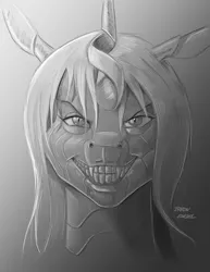 Size: 900x1165 | Tagged: artist:baron engel, changeling, changeling queen, derpibooru import, evil grin, fangs, female, grayscale, grin, looking at you, monochrome, queen chrysalis, safe, sketch, smiling, traditional art