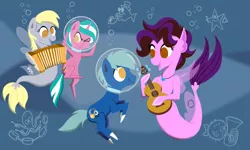 Size: 800x480 | Tagged: safe, artist:tim-kangaroo, derpibooru import, derpy hooves, oc, pony, seapony (g4), bronycon, accordion, amy keating rogers, bubble, bubble helmet, bubble on head, musical instrument, seaponified, species swap, ukulele, underwater