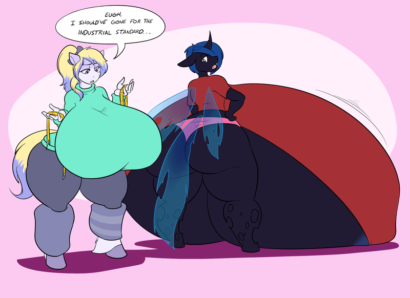 Size: 2200x1600 | Tagged: anthro, anthro oc, areola, artist:kaboozle, big breasts, blue changeling, breast expansion, breasts, breasts on floor, changeling, changeling oc, changeling queen, changeling queen oc, clothes, derpibooru import, duo, duo female, female, growth, huge breasts, huge butt, hyper, hyper breasts, impossibly large breasts, impossibly large butt, large butt, leg warmers, oc, oc:cyanne, oc:silver stitch, panties, questionable, speech bubble, underboob, underwear, unguligrade anthro, unofficial characters only