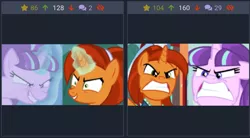 Size: 1183x651 | Tagged: safe, derpibooru import, screencap, starlight glimmer, stellar flare, pony, unicorn, derpibooru, the cutie map, the cutie re-mark, the parent map, angry, comparison, cropped, faic, female, glowing horn, grin, gritted teeth, juxtaposition, magic, mare, meta, ragelight glimmer, s5 starlight, smiling