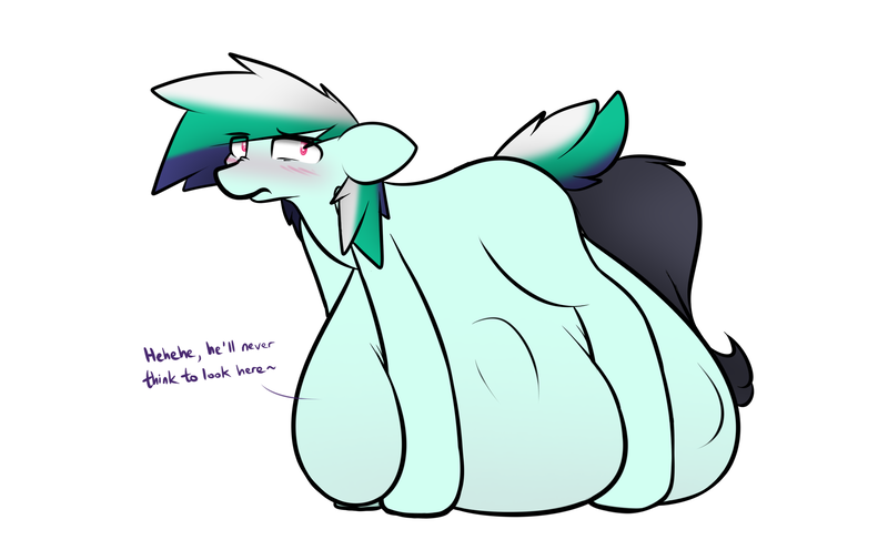 Size: 2061x1277 | Tagged: questionable, artist:nom-sympony, derpibooru import, oc, oc:pepper dust, oc:spearmint, unofficial characters only, earth pony, pony, anal vore, belly, blushing, dialogue, fetish, funny, funny porn, hide and seek, hiding, impossibly large belly, male, tail sticking out, vore