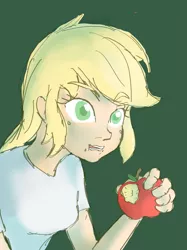 Size: 1535x2048 | Tagged: safe, artist:noupu, derpibooru import, applejack, equestria girls, apple, blonde, clothes, eating, female, food, hatless, missing accessory, shirt, simple background, solo, that pony sure does love apples