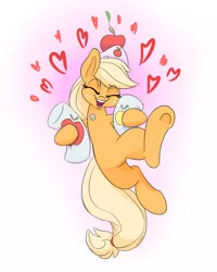 Size: 1200x1500 | Tagged: safe, artist:heir-of-rick, derpibooru import, applejack, earth pony, pony, daily apple pony, apple, body pillow, button, clothes, cute, eyes closed, female, freckles, gradient background, happy, hat, heart, hidden cane, jackabetes, jacket, mare, pillow, smiling, solo, that pony sure does love apples, underhoof