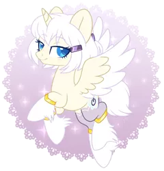 Size: 2542x2649 | Tagged: safe, artist:hawthornss, derpibooru import, oc, oc:glamis, unofficial characters only, alicorn, pony, abstract background, alicorn oc, blushing, colored hooves, colored pupils, colored wings, colored wingtips, female, flying, hair accessory, hoof fluff, lidded eyes, lightly watermarked, looking at you, mare, simple background, smiling, solo, spread wings, transparent background, unshorn fetlocks, watermark, wings