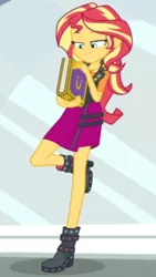 Size: 624x1109 | Tagged: safe, derpibooru import, sunset shimmer, equestria girls, equestria girls series, forgotten friendship, boots, clothes, geode of empathy, jacket, leather jacket, raised leg, shoes, skirt, wondercolt statue, yearbook