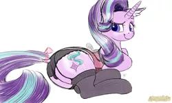 Size: 1500x900 | Tagged: artist:mercurial64, butt, clothes, derpibooru import, female, glimmer glutes, lingerie, looking at you, looking back, looking back at you, plot, simple background, smiling, solo, solo female, starlight glimmer, suggestive, white background