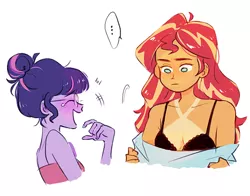 Size: 600x471 | Tagged: suggestive, artist:freshfriend, derpibooru import, sci-twi, sunset shimmer, twilight sparkle, equestria girls, ..., black underwear, bra, breasts, bust, clothes, crying, female, frilly underwear, hair bun, laughing, lesbian, scitwishimmer, shipping, simple background, sunsetsparkle, tan lines, tears of laughter, underwear, white background