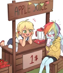 Size: 1200x1400 | Tagged: safe, artist:dcon, derpibooru import, applejack, rainbow dash, equestria girls, anime style, apple, apple juice, appledash, blender (object), blushing, clothes, cup, cute, daaaaaaaaaaaw, dashabetes, dawwww, dcon is trying to murder us, feet, female, flip-flops, food, hnnng, humanized, jackabetes, juice, lesbian, no nose, overalls, precious, sandals, shipping, shorts, simple background, sweater, tsundere, weapons-grade cute, white background, winged humanization, wings, younger