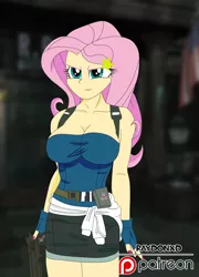 Size: 1024x1424 | Tagged: safe, artist:raydonxd, derpibooru import, part of a set, fluttershy, equestria girls, big breasts, breasts, busty fluttershy, cleavage, clothes, crossover, female, gun, jill valentine, patreon, patreon logo, raccoon city, resident evil, resident evil 3, solo, weapon