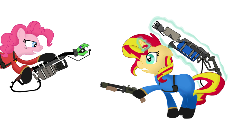 Size: 4672x2632 | Tagged: safe, artist:fj23pk, derpibooru import, pinkie pie, sunset shimmer, earth pony, pony, unicorn, backburner, degreaser, female, fiery shimmer, glowing horn, gun, pyro, reserve shooter, simple background, team fortress 2, transparent background, weapon