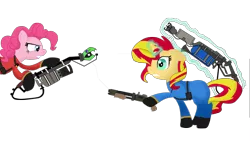 Size: 4672x2632 | Tagged: safe, artist:fj23pk, derpibooru import, pinkie pie, sunset shimmer, earth pony, pony, unicorn, backburner, degreaser, female, fiery shimmer, glowing horn, gun, pyro, reserve shooter, simple background, team fortress 2, transparent background, weapon