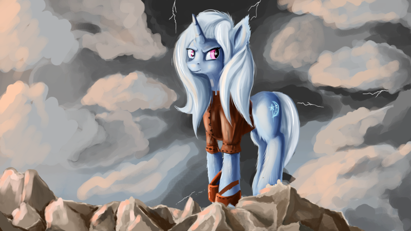 Size: 3200x1800 | Tagged: safe, artist:minosart, derpibooru import, trixie, pony, unicorn, lightning, smiling, solo