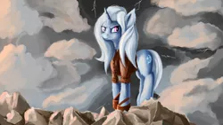 Size: 3200x1800 | Tagged: safe, artist:minosart, derpibooru import, trixie, pony, unicorn, lightning, smiling, solo