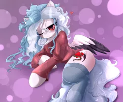 Size: 3000x2500 | Tagged: artist:alesarox, blushing, clothes, cutie mark, derpibooru import, female, heart, oc, oc:wild hearts, one eye closed, shirt, socks, solo, suggestive, unofficial characters only