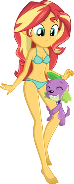 Size: 532x1313 | Tagged: safe, alternate version, artist:charliexe, derpibooru import, edit, spike, spike the regular dog, sunset shimmer, dog, equestria girls, belly button, bikini, clothes, confused, cute, daaaaaaaaaaaw, female, hug, leg hug, male, not sure if want, shipping, show accurate, simple background, spikabetes, spike the dog, spikelove, straight, sunsetspike, swimsuit, transparent background