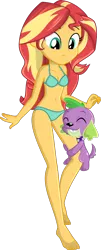 Size: 532x1313 | Tagged: safe, alternate version, artist:charliexe, derpibooru import, edit, spike, spike the regular dog, sunset shimmer, dog, equestria girls, belly button, bikini, clothes, confused, cute, daaaaaaaaaaaw, female, hug, leg hug, male, not sure if want, shipping, show accurate, simple background, spikabetes, spike the dog, spikelove, straight, sunsetspike, swimsuit, transparent background