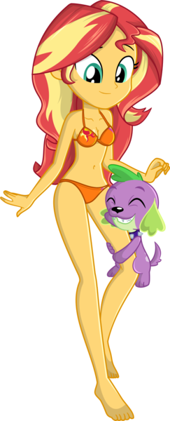 Size: 532x1313 | Tagged: safe, alternate version, artist:charliexe, derpibooru import, edit, spike, spike the regular dog, sunset shimmer, dog, equestria girls, barefoot, belly button, bikini, breasts, cleavage, clothes, confused, cute, daaaaaaaaaaaw, feet, female, hug, leg hug, male, shipping, show accurate, simple background, smiling, spikabetes, spike the dog, spikelove, straight, sunsetspike, swimsuit, transparent background