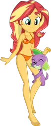 Size: 532x1313 | Tagged: safe, alternate version, artist:charliexe, derpibooru import, edit, spike, spike the regular dog, sunset shimmer, dog, equestria girls, barefoot, belly button, bikini, breasts, cleavage, clothes, confused, cute, daaaaaaaaaaaw, feet, female, hug, leg hug, male, shipping, show accurate, simple background, smiling, spikabetes, spike the dog, spikelove, straight, sunsetspike, swimsuit, transparent background