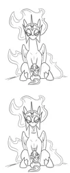 Size: 628x1540 | Tagged: safe, artist:jargon scott, derpibooru import, daybreaker, twilight sparkle, alicorn, pony, unicorn, the tiny apprentice, comic, cute, diabreaker, female, filly, filly twilight sparkle, foal, grayscale, looking at each other, mane of fire, mare, mombreaker, monochrome, raspberry, raspberry noise, silly, silly pony, simple background, sitting, size difference, smol, the small acolyte, tongue out, white background, younger