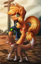 Size: 990x1530 | Tagged: safe, artist:bumblebun, derpibooru import, part of a set, applejack, winona, dog, earth pony, pony, fanfic, bethesda, clothes, cowboy hat, crossover, cutie mark, dogmeat, fallout, fallout 4, fanfic art, female, freckles, hat, hooves, looking back, mare, pipboy, pipbuck, plot, power line, raised hoof, sole survivor, solo, stetson, vault suit, wasteland