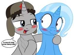 Size: 1024x767 | Tagged: suggestive, artist:an-tonio, derpibooru import, trixie, oc, oc:ragtime melody, alcohol, belarusian, blushing, canon x oc, flirting, hat, simple background, transparent background, trixtime, ushanka, vodka