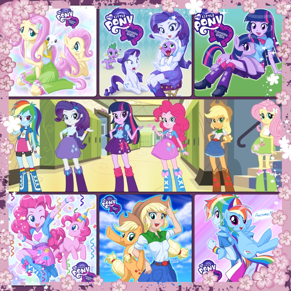 Size: 2048x2048 | Tagged: safe, artist:uotapo, derpibooru import, edit, angel bunny, applejack, fluttershy, pinkie pie, rainbow dash, rarity, spike, twilight sparkle, twilight sparkle (alicorn), alicorn, dog, dragon, pony, rabbit, equestria girls, angel, animal costume, anime style, awesome, back to back, backpack, blushing, boots, bunny costume, cherry blossoms, clothes, confetti, costume, cute, dashabetes, doggy dragondox, eqg promo pose set, female, flower, flower blossom, hat, high heel boots, human ponidox, humane five, humane six, logo, looking at you, male, mane seven, mane six, my little pony, my little pony logo, party hat, self paradox, self ponidox, shipping, shoes, shyabetes, skirt, socks, sparity, spike the dog, spread wings, square crossover, straight, uotapo is trying to murder us, wings