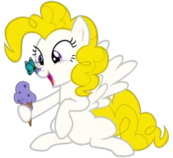 Size: 3500x3200 | Tagged: safe, alternate version, artist:cheezedoodle96, derpibooru import, surprise, butterfly, pegasus, pony, .svg available, butterfly on nose, eye contact, female, food, hoof hold, ice cream, ice cream cone, insect on nose, looking at each other, mare, silly, silly pony, simple background, sitting, smiling, svg, transparent background, vector