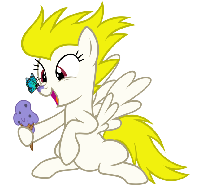 Size: 3500x3200 | Tagged: safe, alternate version, artist:cheezedoodle96, derpibooru import, surprise, butterfly, pegasus, pony, .svg available, butterfly on nose, eye contact, female, food, hoof hold, ice cream, ice cream cone, insect on nose, looking at each other, mare, silly, silly pony, simple background, sitting, smiling, svg, transparent background, vector