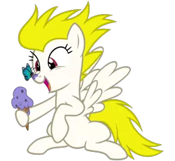 Size: 3500x3200 | Tagged: safe, alternate version, artist:cheezedoodle96, derpibooru import, surprise, butterfly, pegasus, pony, .svg available, butterfly on nose, eye contact, female, food, hoof hold, ice cream, ice cream cone, insect on nose, looking at each other, mare, silly, silly pony, simple background, sitting, smiling, svg, transparent background, vector