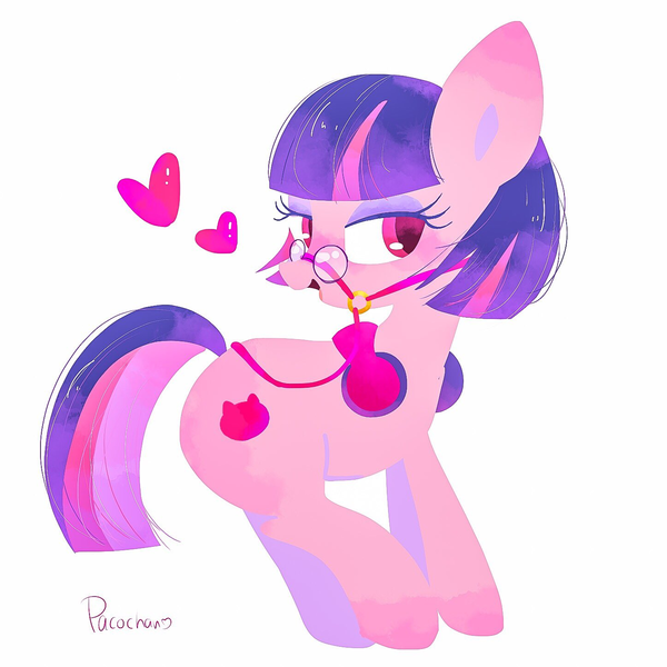 Size: 1447x1447 | Tagged: safe, artist:1drfl_world_end, derpibooru import, pony, bridle, female, glasses, headphones, heart, japan racing association, mare, not twilight sparkle, pop team epic, pop team epic kinen, sabukaru kuso hinba, solo, tack