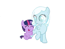 Size: 1024x768 | Tagged: safe, artist:turnaboutart, derpibooru import, twilight sparkle, twilight sparkle (alicorn), oc, oc:snowdrop, alicorn, pegasus, pony, fanfic:luna mother of twilight sparkle, alternate universe, baby, baby pony, babylight sparkle, base used, cute, female, filly, foal, happy, hoof hold, simple background, sisterly love, sisters, transparent background, twiabetes