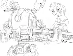 Size: 1024x791 | Tagged: safe, artist:drcool13, derpibooru import, rainbow dash, robot, equestria girls, bad anatomy, monochrome, railgun, simple background, thumbs up, titanfall, titanfall 2, traditional art, watermark, white background